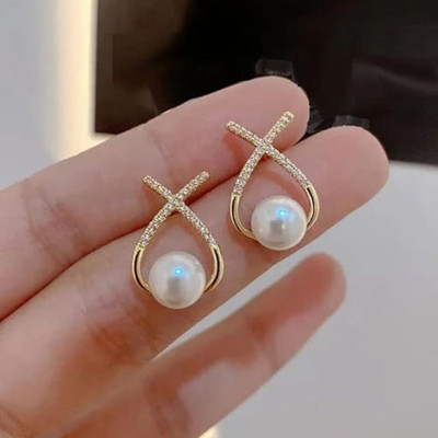 Vembley Korean Studded Cross Pearl Earrings For Ladies 2 Pcs/Set Alloy Stud Earring