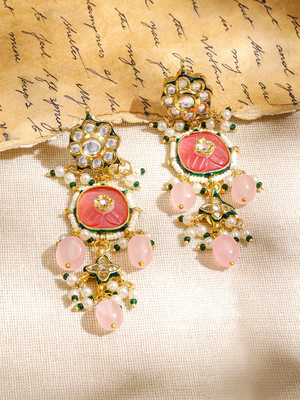 RUBANS 22K Gold-Plated Pink Kundan Stone with Green & White Beaded Floral Dangler Brass Drops & Danglers