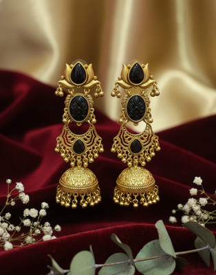 TR HAUTE TR HAUTE Traditional Lotus Design Gold Plated Black Stone Multi-Tier Jhumka Amber Brass Jhumki Earring, Drops & Danglers, Earring Set, Chandbali Earring