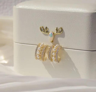 Artistic Bliss Artistic Allure Gold-Plated Pearl & Stone-Studded Hoop Earrings Pearl Alloy Stud Earring