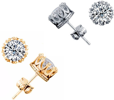 fabula Pair Combo Of 2 Silver & Gold Plated Round Cubic Zirconia Ear Stud Earrings Cubic Zirconia, Crystal, Zircon Alloy Stud Earring