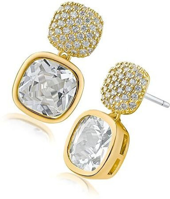 Bittrend Jewels Gold Plated -Cut CZ Drop Earrings– Dual Square Dangle Studs with Crystal Accents Metal Earring Set, Stud Earring, Drops & Danglers