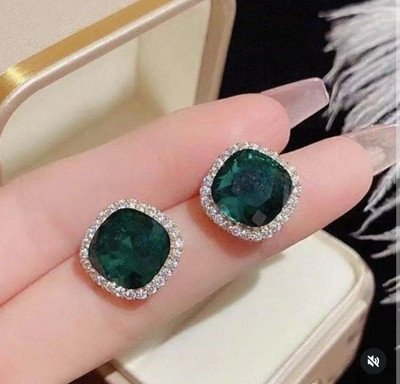 LOVIA BY HM GREEN AD RHINESTONE CRYSTAL STUDS, EARINGS FOR GIRLS , KOREAN EARRINGS Cubic Zirconia Alloy Rhinestone Studs, Stud Earring, Drops & Danglers, Plug Earring