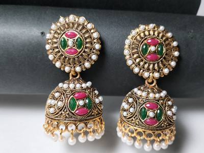gk fashions Golden Earrings White Zircon, Zircon Stone, Gold, Alloy, German Silver Stud Earring, Hoop Earring, Jhumki Earring
