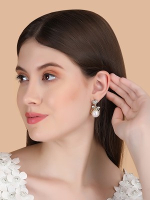 Vassaley Western Korean Bow Heart Pearl Crystal Earrings for women girls fancy Pearl, Crystal, Cubic Zirconia Alloy Stud Earring, Earring Set, Clip-on Earring, Drops & Danglers