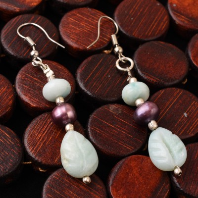Pearlz Ocean 2.5 Inch Purple Fresh Water Pearl and Green Amazonite Gemstone Beads Alloy Drops & Danglers