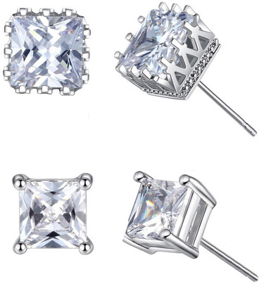 Oomph Combo of 2 Silver Tone Square Cubic Zirconia Delicate Fashion Stud Cubic Zirconia, Crystal, Zircon Alloy Stud Earring
