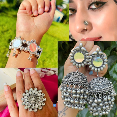 ISLANA Combo of 4 Oxidised Bracelet with Ring and Nosepin Alloy Jhumki Earring