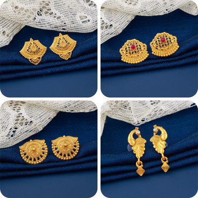 LaChoiceIt Pack of 4 Pair Traditional Gold Pleted Earring Collection Brass Earring Set