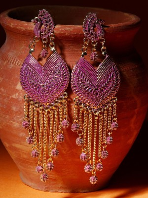 Anika's Creation Pink & Gold-Plated Enamelled Peacock Shaped Drop Earrings_A Pearl Brass Drops & Danglers