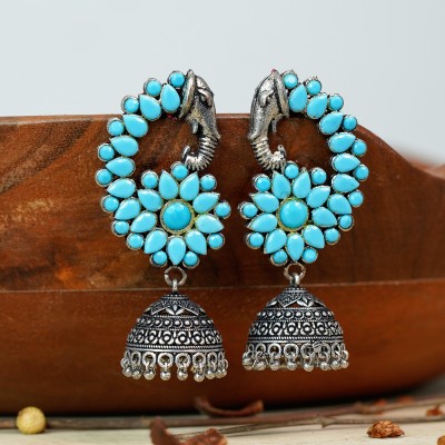 StylishKudi Sky Blue Stone Studded Peacock German Silver Earrings Brass Jhumki Earring