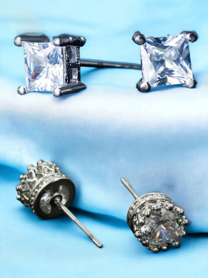 Oomph Combo of 2 Pairs of Square & Round Silver Tone Cubic Zirconia Stud Earrings Cubic Zirconia, Crystal, Zircon Alloy Stud Earring