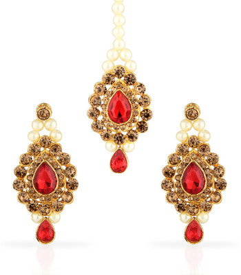 Golden Vine Antique Gold Oxidized Maang Tikka & Earring Set with Red & Champagne Stones Metal Earring Set