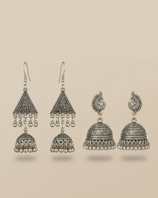 Derozmi Traditional Oxidised Silver Jhumka Earrings for Women & Girls - 2 Pairs Combo Alloy Drops & Danglers, Jhumki Earring, Hoop Earring