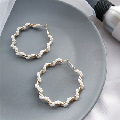 DESTINY JEWEL'S Korean Fashion Design Pearl Décor Round Circle Hoop Earrings For Women & Girls Pearl Alloy Hoop Earring