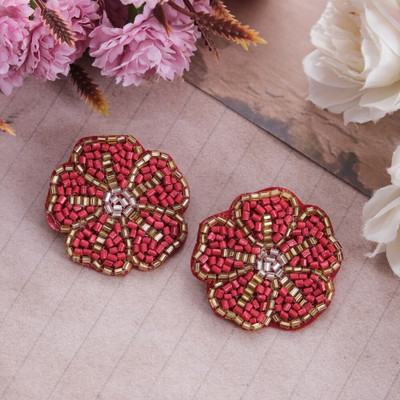 Vientiq Handmade Red Floral-Beaded Stud Earrings For Women/Girl's Beads Alloy Stud Earring