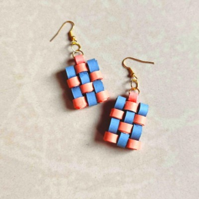 TheCosmicRelief Statement Tang and Teal Checkered Quilled Earrings, Handmade Boho Drop Earrings Sterling Silver Drops & Danglers