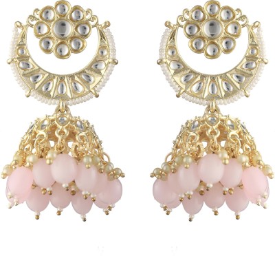 Priyaasi Pink Kundan Floral Pearl Beaded Gold-Plated Jhumka Earrings Brass Jhumki Earring