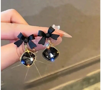 Saugaat Craft Black Bow Crystal Cute Korean Earrings Pair Alloy Drops & Danglers
