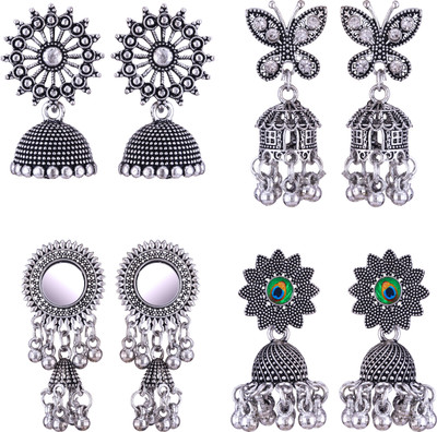 MEENAZ oxidised earrings jhumki silver combo party stylish simple small jhumka 4 set Beads, Pearl, Cubic Zirconia, Diamond Brass, Enamel, Copper, Zinc, Stone Drops & Danglers, Chandbali Earring, Earring Set, Jhumki Earring