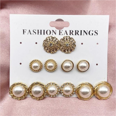 TVI Combo of 6 Pair Gold Plated Pearl Flower Round Stud Earrings For Women And Girls Pearl Alloy Stud Earring