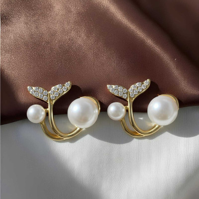 Nayaab collection Elegant Gold-Tone Mermaid Tail Stud Earrings with Double Pearls White Zircon, Pearl Alloy Stud Earring
