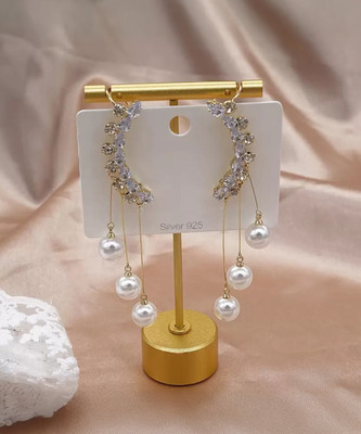 VSMARTHUB Korean 2Pcs/Set Zircon Studded Ear Cuff With Pearl Tassel Long Earrings Pearl, Crystal Alloy Stud Earring