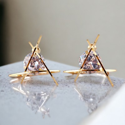 Lucky Jewellery Designer Gold Plated Trendy Sparkling Stone Triangular Earring For Girls & Women Cubic Zirconia Brass Stud Earring