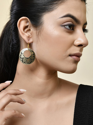 Silvermerc Designs Elegant Black and Gold Round Earrings with Intricate Floral Pattern Brass Drops & Danglers