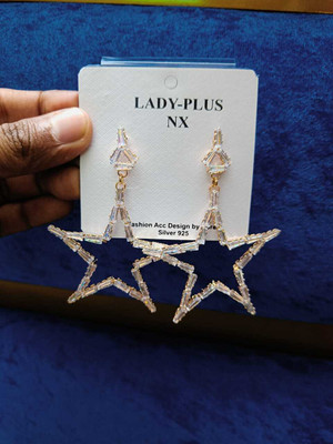 Venusco Venuco Gold Pleated Star Shape Long Earrings Set Crystal Alloy Drops & Danglers