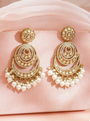 RUBANS 18K Gold-Plated Kundan, Zirconia & White Pearl Beaded Long Chandbali Brass Chandbali Earring