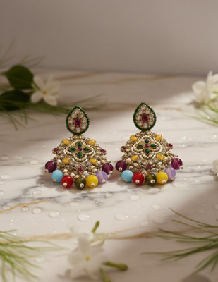 DANGAR ENTERPRISE Gold-Plated Kundan Jhumka Earrings with Multicolor Beads | Handcrafted Kundan Alloy Jhumki Earring