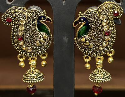 Shora Golden Oxidised Peacock Jhumka Earring Alloy Jhumki Earring, Earring Set