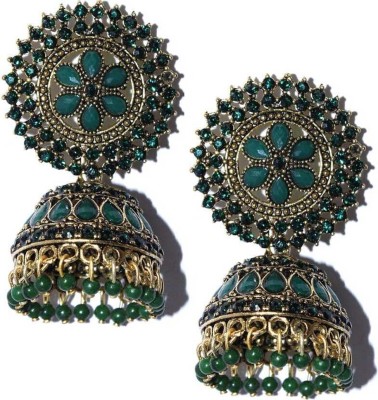 GLOSSARY COLLECTIONS Traditional Gold Pearl Peacock Kundan Jhumkas Earrings For Women [GREEN COLOUR] Alloy, Metal Jhumki Earring