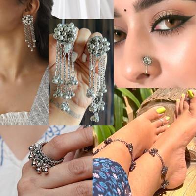ISLANA Combo of 4 Oxidised Ghunghro Jhumki and Ring and Payal with nosepin Alloy Jhumki Earring