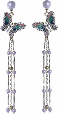 Fashion Fusion AD Stone Pearl Butterfly Long Dangler Earring For Women & Girls Brass Drops & Danglers
