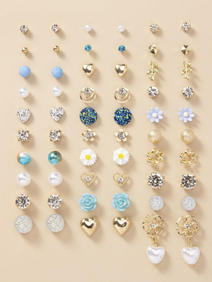 Shree Ju Versatile Combo of 30 Pairs Golden Blue Studs Earrings For Women And Girls Pearl, Beads Alloy Hoop Earring, Huggie Earring, Plug Earring, Earring Set