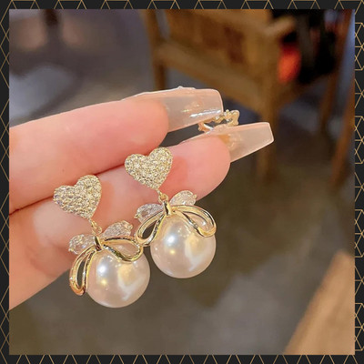Vimich Korean Studded Bow Heart Big Drop Earrings For Women/Girls Cubic Zirconia Alloy Hoop Earring