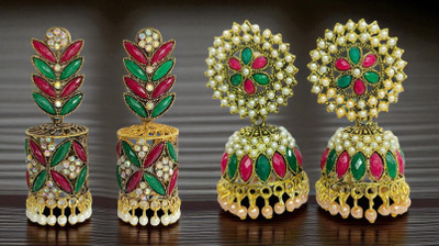 OKU Single Layer Multicolor Stone Jhumkia set for women Crystal Alloy Earring Alloy Jhumki Earring