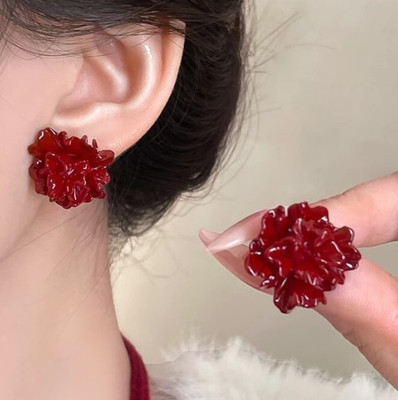 AKISON JEWELS Maroon Flower Stud Earrings For Women Floral Earrings For Girls Korean Earrings Alloy Earring Set, Stud Earring