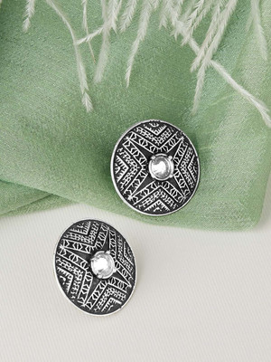 RUBANS Elegant Silver Plated Oxidised Stud Earrings With Studded AD Alloy Stud Earring