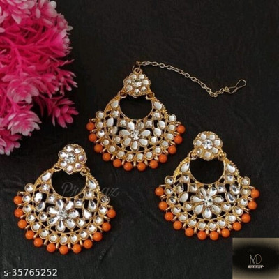 TANLOOMS Very High Quality Floral Design Earring With Maang Tikka Party Wear and wedding Wear For Girls and Women.(Design-4) Orange Color Brass Earring Set