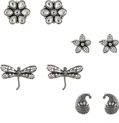 D ART Combo of 4 Oxidised White Flower Earrings | Girls & Women Earring Combo Brass Earring Set