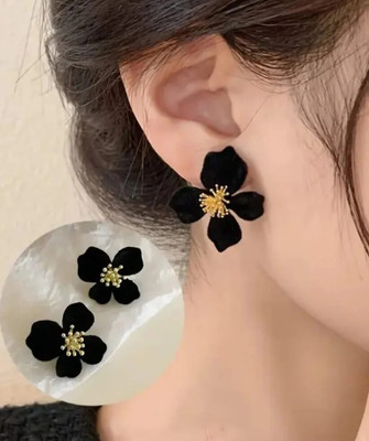 manrish Black Floral Statement Earrings for Women & Girls | Trendy Stud Design Fabric Stud Earring