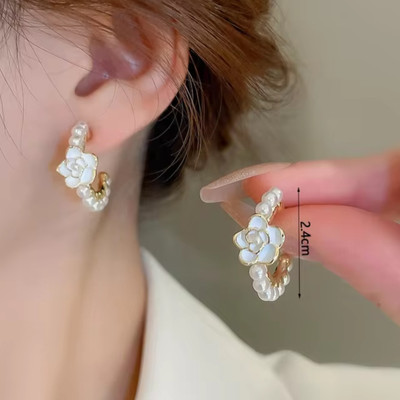 Harsu Collection Small Fresh Pearl Camellia Korean Earrings for Women Cubic Zirconia Alloy Earring Set, Drops & Danglers