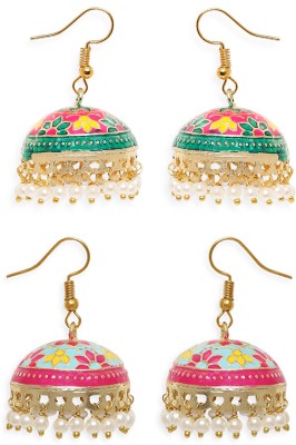 Oomph Combo of 2 Green & Pink Floral Meenakari Ethnic Jhumka Beads, Crystal Alloy Jhumki Earring