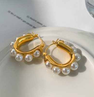 AKISON JEWELS White Pearl Hoop Korean Earrings For Women Girls Trendy Western Fashion Earring Pearl Alloy Hoop Earring, Earring Set