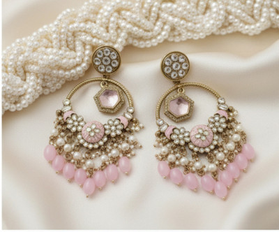 DHVANI Regal Charm Pearl & Ruby Drop Earrings Pearl Alloy Chandbali Earring