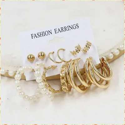 JDENTERPRISES Combo of 6 Pair Golden Stud And Chain Pearl Triple Hoop Earrings For Women/Girls Pearl Alloy Drops & Danglers