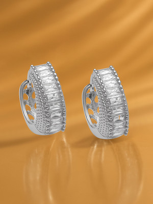 RUBANS Rhodium-Plated Cubic Zirconia Studded Curved Half-Hoop Earrings Brass Hoop Earring